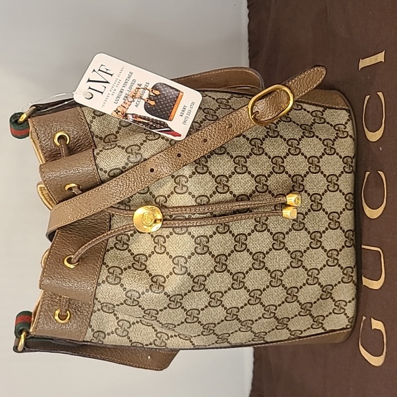 GUCCI ACCESSORIES VINTAGE 70’S WEB SHERRY DRAWSTRING GG SUPREME COATED BUCKETBAG - Picture 1 of 17